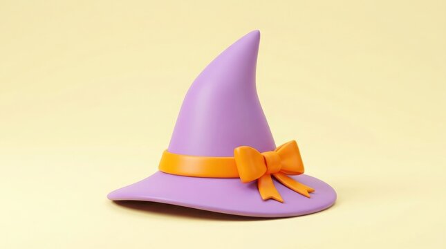 3d illustration of a purple witch hat with an orange ribbon bow