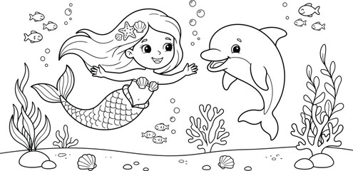 Fototapeta premium A delightful underwater scene featuring two playful dolphins swimming among coral and seaweed perfect for creative coloring