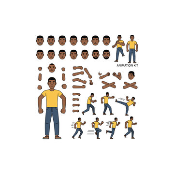 African American Male Character Animation Kit for 2D Motion Graphics; Includes Different Facial Expressions, Hand Gestures, Body Parts, Running, Walking, and Fighting Poses; Vector Illustration