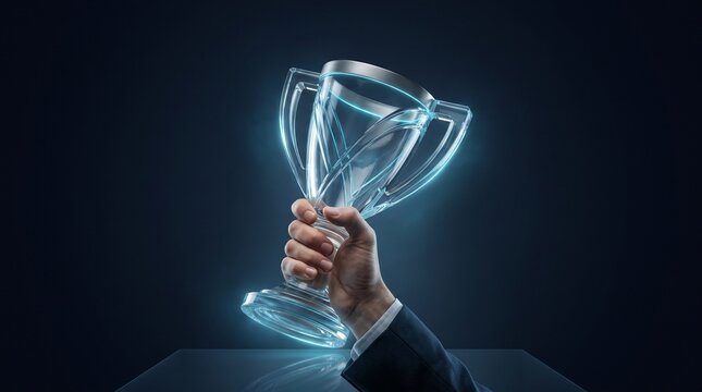 Glowing glass trophy cup held high by a hand symbolizing victory and success with business success dark background achievement competition champion leadership