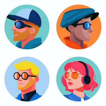 set of diverse avatar portraits featuring modern young people in trendy hats, stylish glasses, and headphones inside colorful circular frames isolated on a clean white background format.