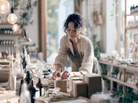 Young female artisan preparing handmade organic product packages at a rustic eco friendly boutique counter with warm ambient lighting, natural cosmetics, wooden shelves, and botanical decor background