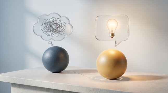 Two spheres with glowing lightbulb and cloud speech bubbles representing ideas versus confusion speech bubble light bulb cloud shape thinking process sphere objects