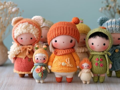 Adorable collection of handmade knitted amigurumi dolls wearing colorful cozy winter sweaters and hats standing together on a light wooden surface against a soft pastel blue backdrop background.