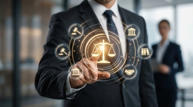 A businessman lawyer using digital justice icons to manage business legislation and notary public services.