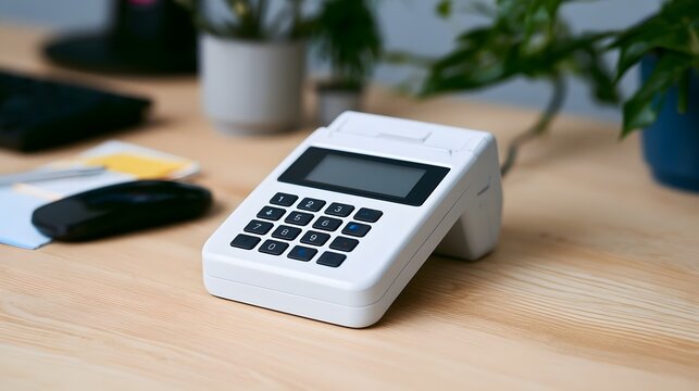 White card reader on wooden desk with green plants and office supplies in soft focus background