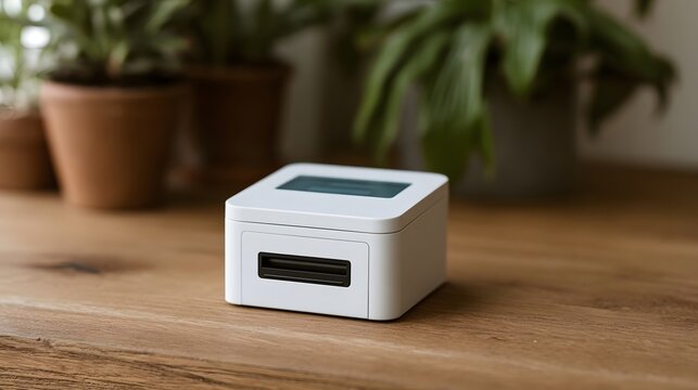 A compact white card reader sits on a wooden surface with potted plants softly blurred in the background