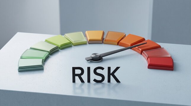 Risk level gauge meter with colorful gradient blocks and needle pointing towards high risk sector risk management color gradient meter scale risk factor business ris