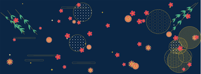 Fototapeta premium Traditional Japanese Chrysanthemum Floral Pattern Vector Banner with Gold Details - Pattern 5