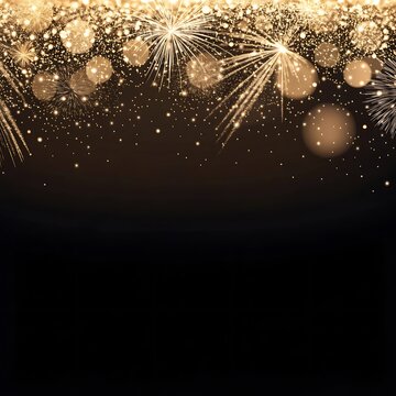 Festive golden fireworks border background with sparkling glitters on dark background