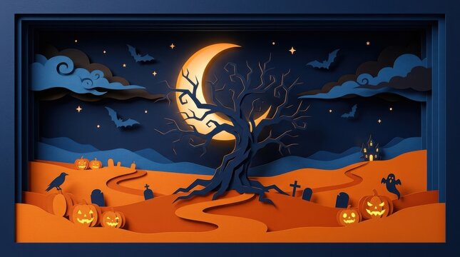 Paper craft halloween scene with a spooky tree, glowing pumpkins, and a crescent moon