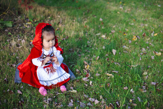 Toddler in Red Hooded Costume Holding Autumn Leaves for Halloween