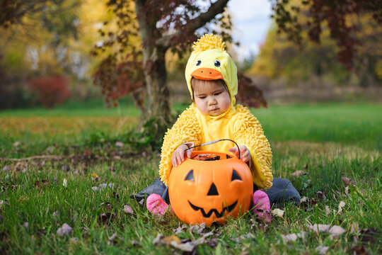 Toddler in Yellow Duck Costume With Jack-o-Lantern Bucket