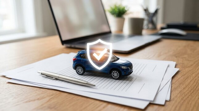 A toy car and a pen on insurance documents with a shield icon overlay