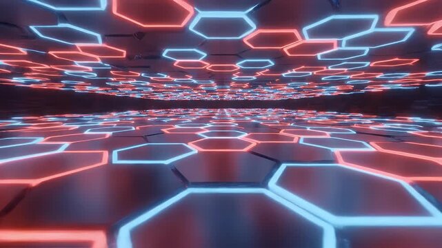 Abstract hexagonal grid with glowing red and blue lines receding