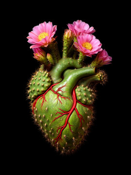 coraz&oacute;n de cactus, coraz&oacute;n anat&oacute;mico, cactus, flores, flores rosadas, espinas, naturaleza, desierto, flora mexicana, arte conceptual, surrealismo, fantas&iacute;a, creatividad, simbolismo, amor, dolor, prote