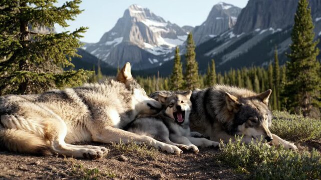 Three wolves rest in a grassy, mountainous wilderness under a clear sky