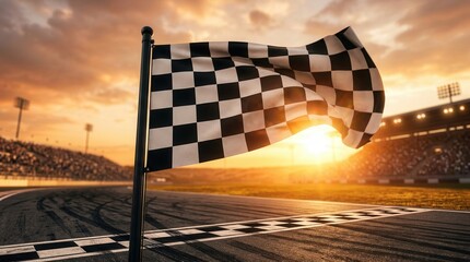 Naklejka premium Winning symbol of a race car competition with a chequered flag at the finish line.
