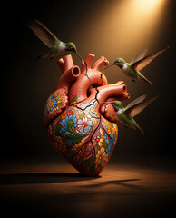 Fototapeta premium corazón anatómico, corazón humano, corazón de cerámica, cerámica artesanal, arte fantástico, arte conceptual, corazón roto, grietas, flores, flores azules, colibríes, colibrí, aves, naturaleza, amor, 