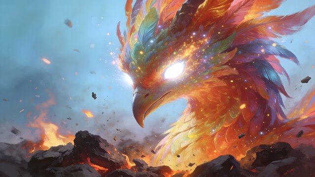 Majestic fiery phoenix flying over a dramatic landscape
