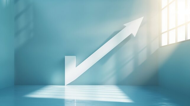 Modern corporate growth arrow with soft shadow, large copy space.