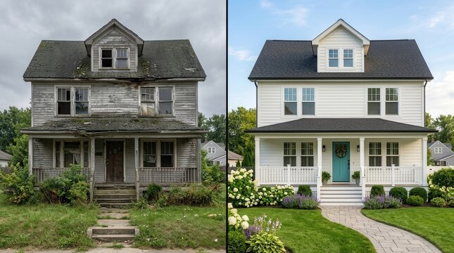 Before and after comparison of a residential renovation with new siding and landscaping.