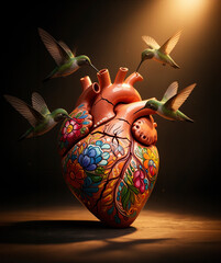 Naklejka premium corazón anatómico, corazón humano, corazón de cerámica, cerámica artesanal, arte fantástico, arte conceptual, corazón roto, grietas, flores, flores azules, colibríes, colibrí, aves, naturaleza, amor, 