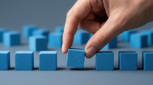 Business concept of building a sustainable competitive advantage with a blue cube being added by a hand.