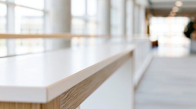 The Wooden Handrail in a Bright Modern Interior Atrium Corridor