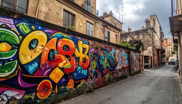 Vibrant and colorful graffiti murals adorning an urban street wall, showcasing dynamic street art in an alleyway.
