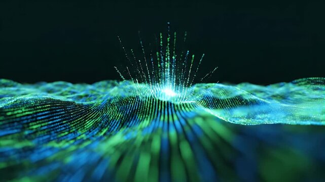Digital landscape of glowing particles forming a mountain peak and waves
