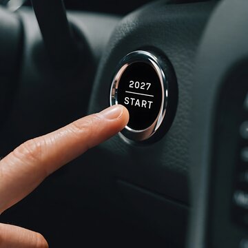 Finger pushing a car start button with the year 2027 displayed on the console display screen