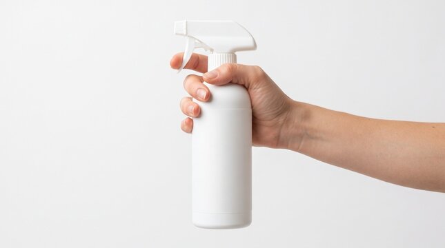 A hand grasps a white spray bottle with a trigger nozzle, suggesting cleaning or dispensing.