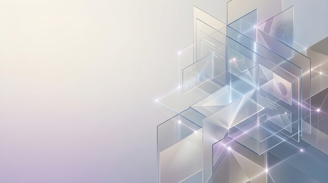 Futuristic 3D glass isometric blocks displaying graphs and charts with glowing nodes, perfect for big data analytics and business finance.