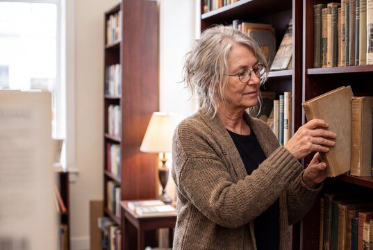 Mature Lady Browsing Independent Bookshop