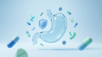 Fototapeta premium Medical concept of stomach health with a protective shield, bacteria, and pharmaceutical pills for wellness.