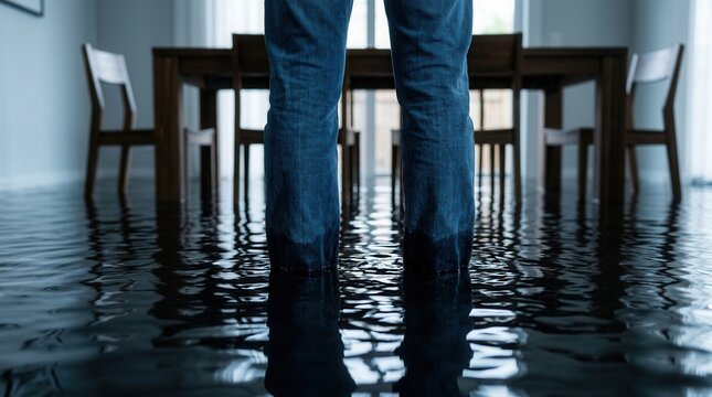 Crisis situation in a home with rising floodwater covering the floor and furniture legs.