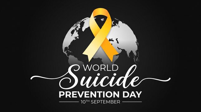 World suicide prevention day typography design with a silver globe and a bright yellow awareness ribbon symbol on a dark background.