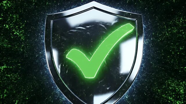 A metallic shield with a bright green glowing checkmark inside