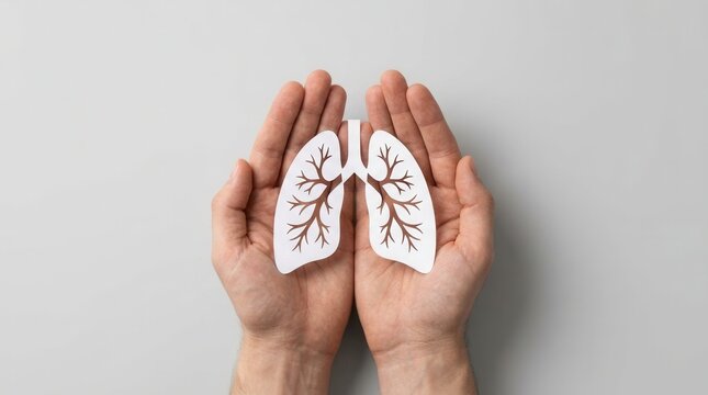 Conceptual image of hands holding a paper lung shape for lung health and disease prevention.