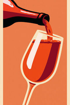 Abstract vintage Italian aperitivo poster with red wine glass and bottle in bold geometric shapes, elegant retro composition for restaurant branding, beverage advertising, menu design and wall art