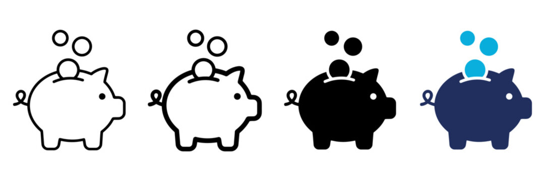Piggy bank icon set with coins, financial savings symbols in outline and silhouette styles, money deposit vector graphics