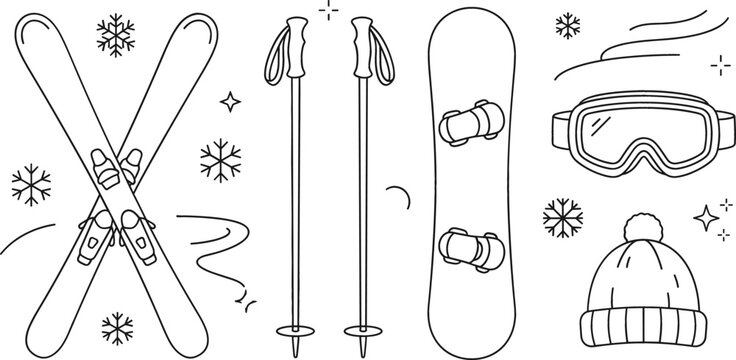 Winter sports equipment vector line art set with skis poles snowboard goggles beanie hat snowflakes for mountain graphics