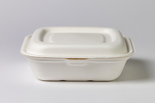 The takeout container with lid resting on a clean white studio surface