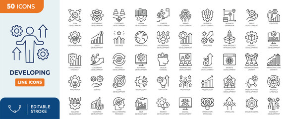 developing icon set. Containing development, progress, improvement, growth, innovation, strategy, planning, and more. Editable stroke. Vector illustration