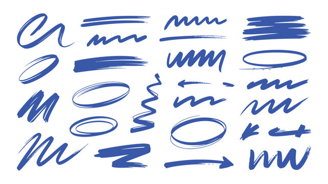 Set of blue hand drawn brush strokes and marker scribbles for creative design projects