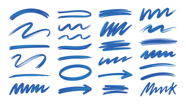 Set of blue hand drawn marker strokes and highlight shapes on white background