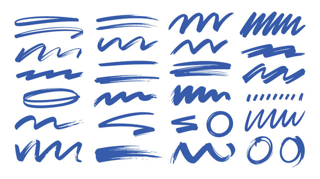 Set of blue hand drawn marker brush strokes and highlight lines