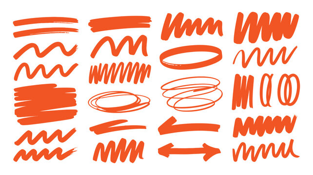 Set of hand drawn orange marker brush strokes and scribble shapes
