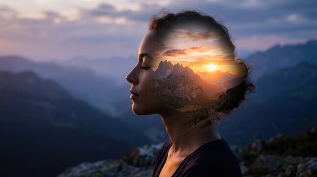 Mindfulness and self-awareness through a surreal double exposure of a woman and a sunset landscape.